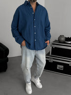 Petrol Blue Knitted Striped Oversize Shirt JJ-242