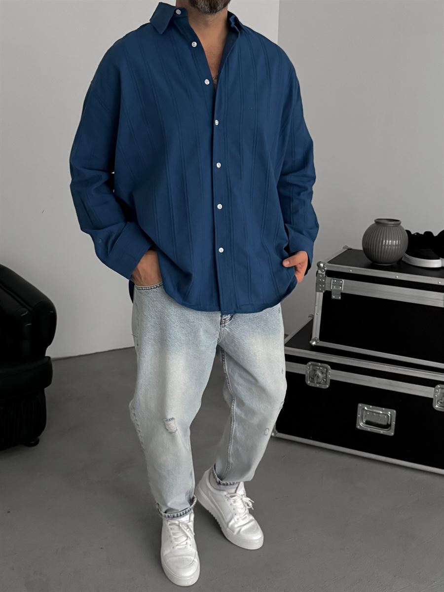 Petrol Blue Knitted Striped Oversize Shirt JJ-242