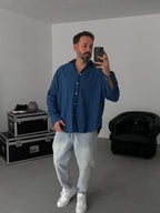 Petrol Blue Knitted Striped Oversize Shirt JJ-242