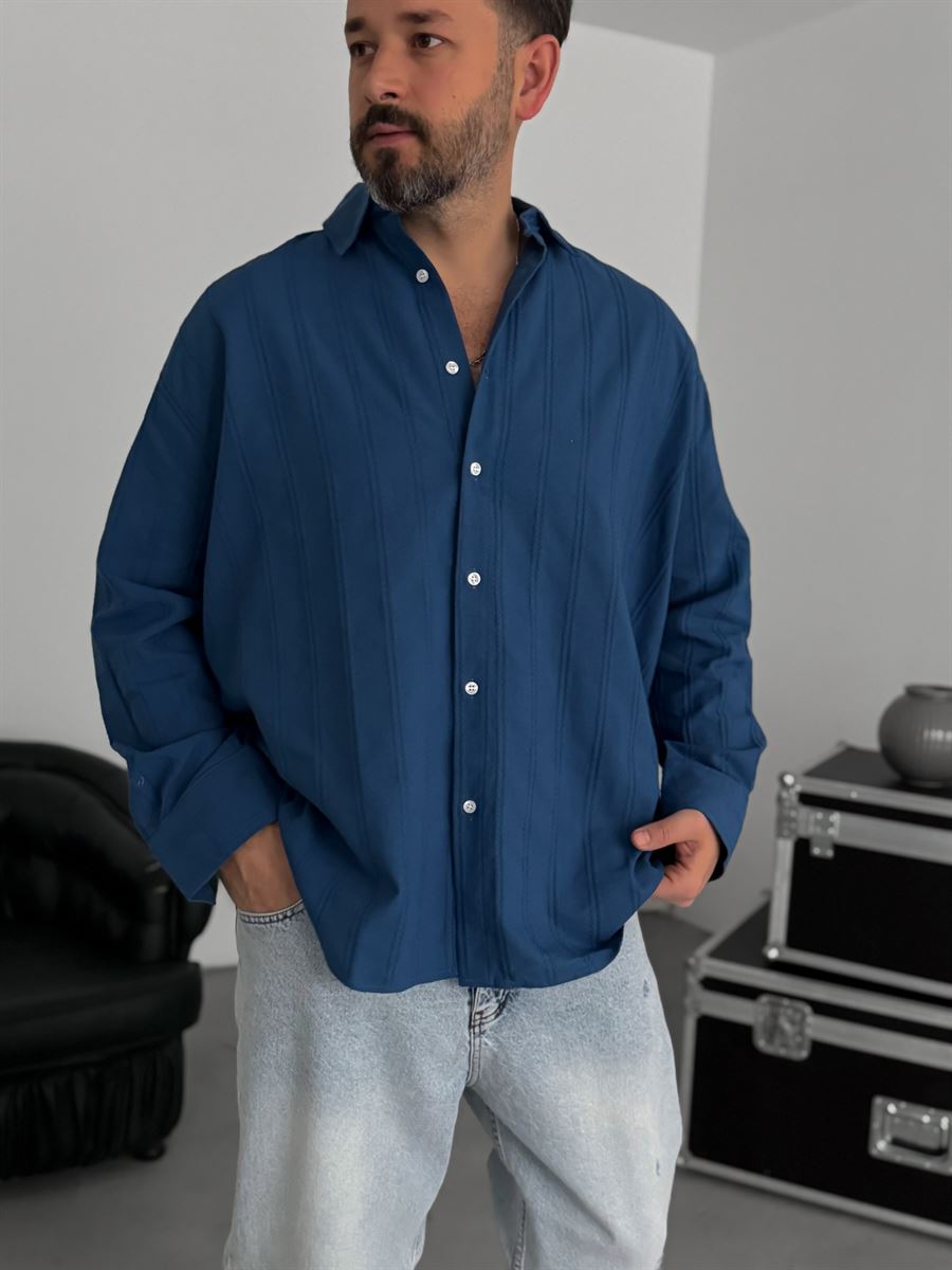 Petrol Blue Knitted Striped Oversize Shirt JJ-242