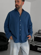 Petrol Blue Knitted Striped Oversize Shirt JJ-242