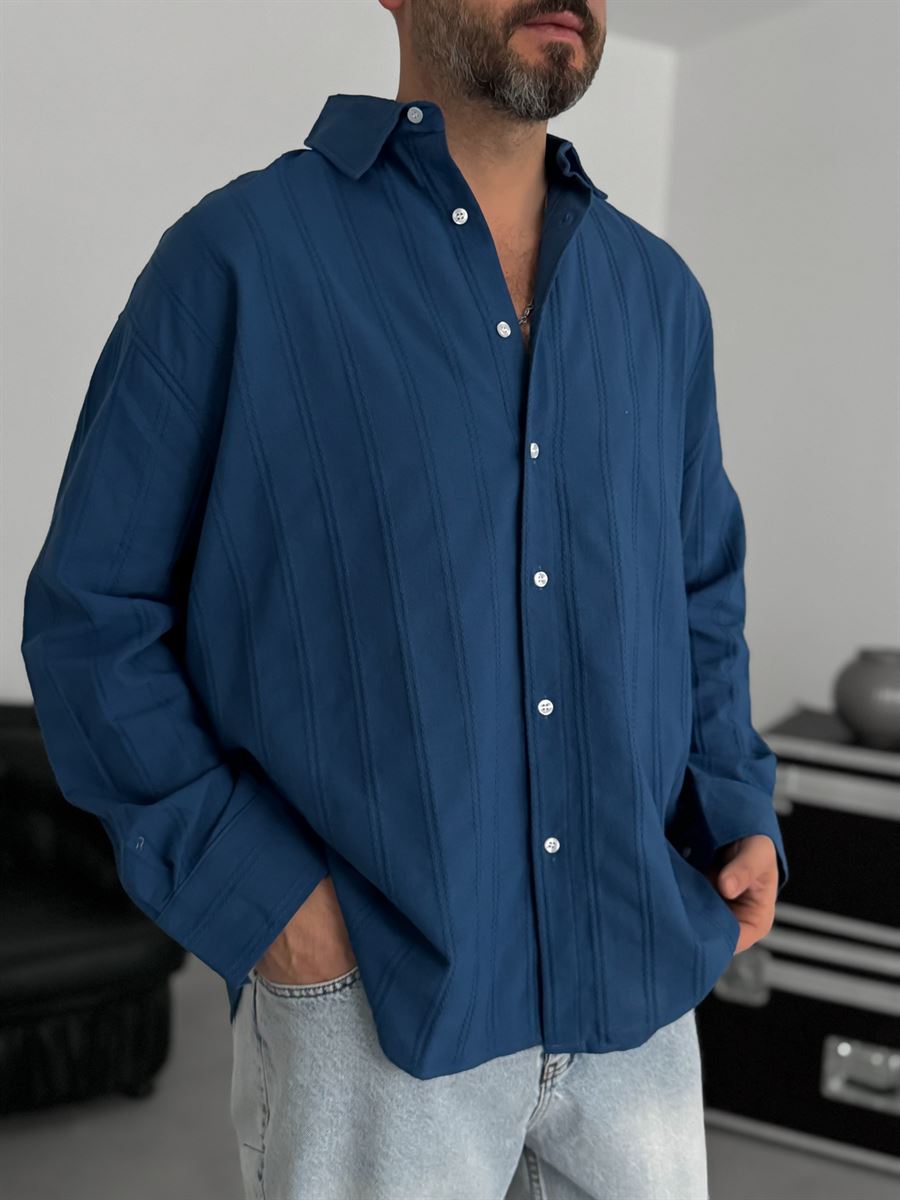 Petrol Blue Knitted Striped Oversize Shirt JJ-242