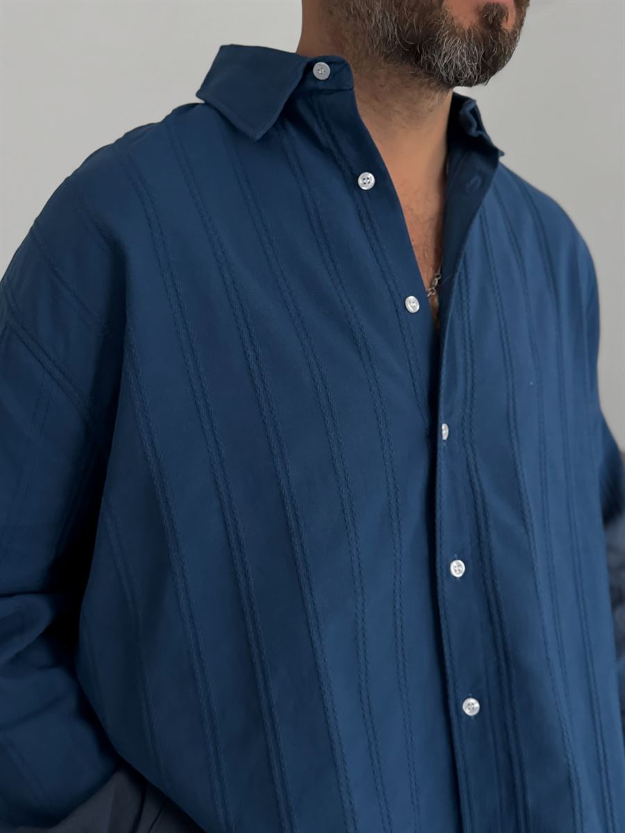 Petrol Blue Knitted Striped Oversize Shirt JJ-242