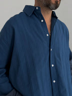 Petrol Blue Knitted Striped Oversize Shirt JJ-242