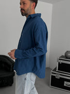 Petrol Blue Knitted Striped Oversize Shirt JJ-242