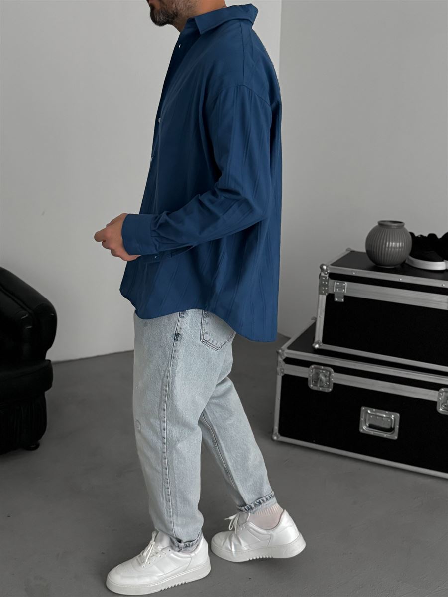 Petrol Blue Knitted Striped Oversize Shirt JJ-242