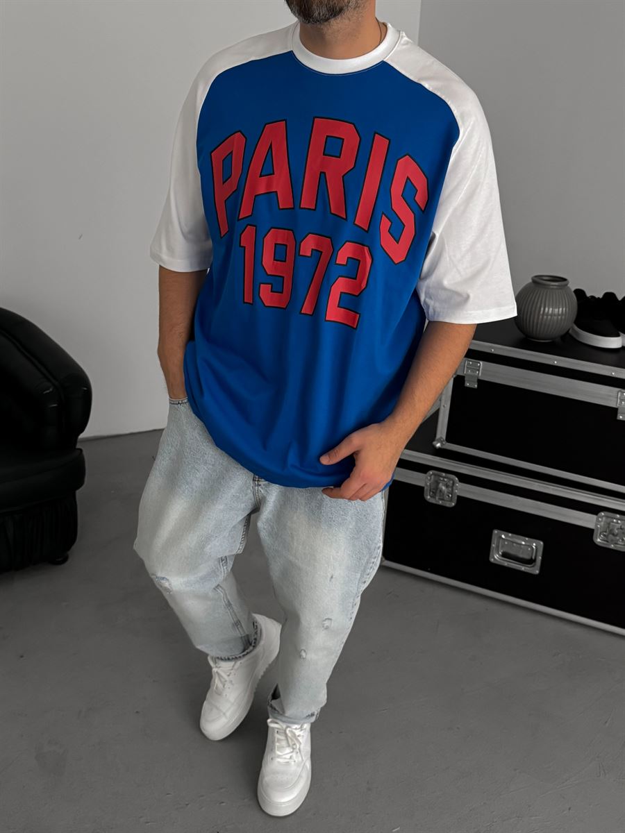 Blue Paris Print Oversize T-Shirt JJ-343