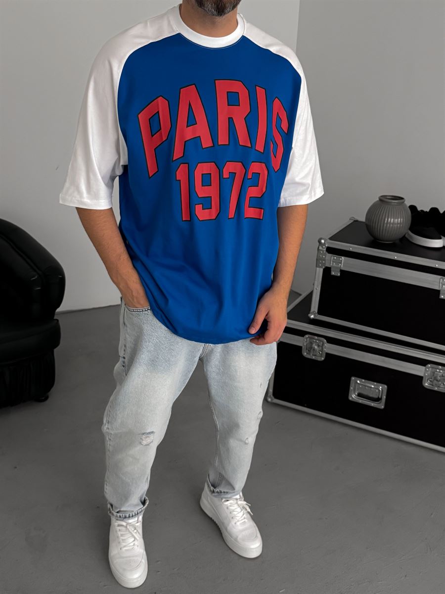 Blue Paris Print Oversize T-Shirt JJ-343