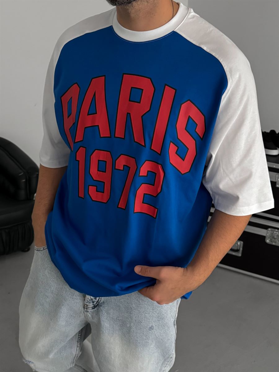 Blue Paris Print Oversize T-Shirt JJ-343
