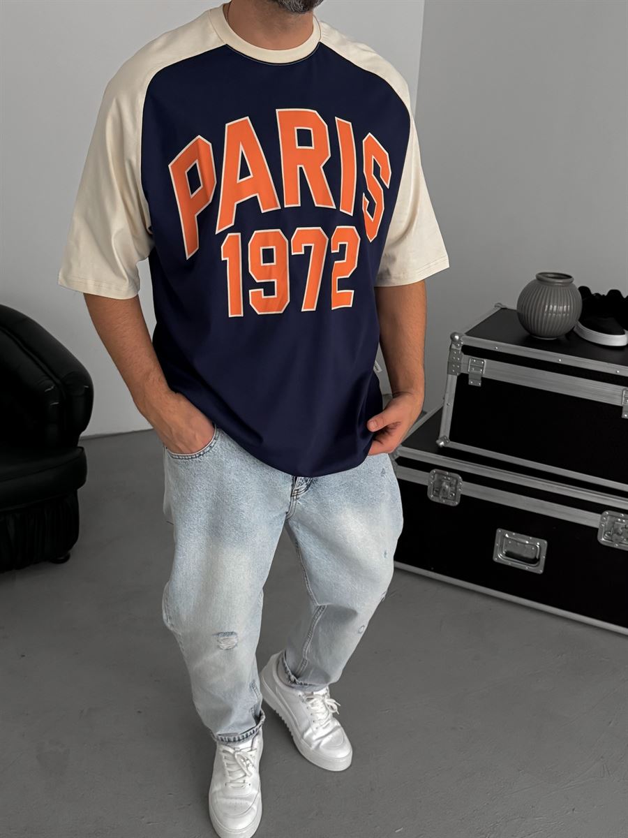 Navy Blue Paris Print Oversize T-Shirt JJ-343
