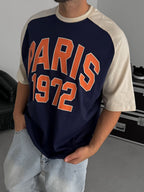 Navy Blue Paris Print Oversize T-Shirt JJ-343