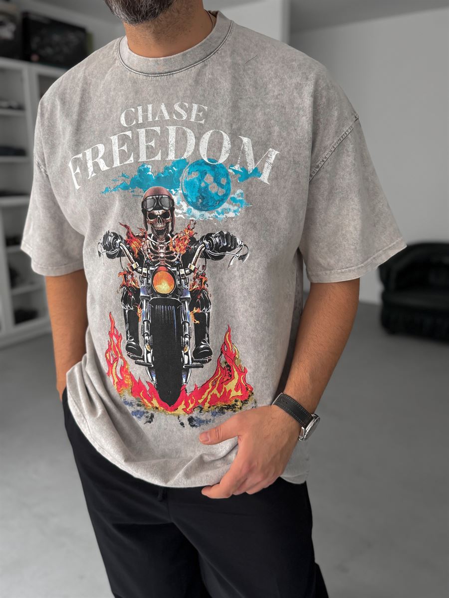 Grey Freedom Print Washed Oversize T-Shirt JJ-190