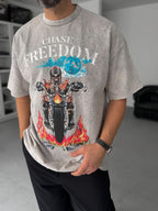Grey Freedom Print Washed Oversize T-Shirt JJ-190