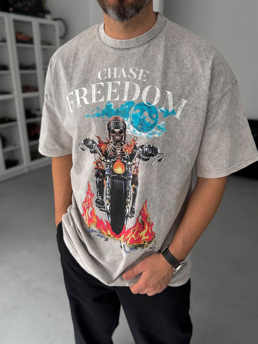 Grey Freedom Print Washed Oversize T-Shirt JJ-190