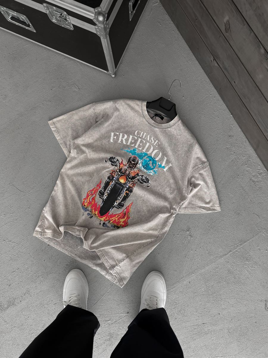 Grey Freedom Print Washed Oversize T-Shirt JJ-190