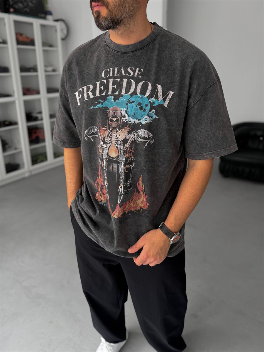 Anthracite Freedom Print Washed Oversize T-Shirt JJ-190
