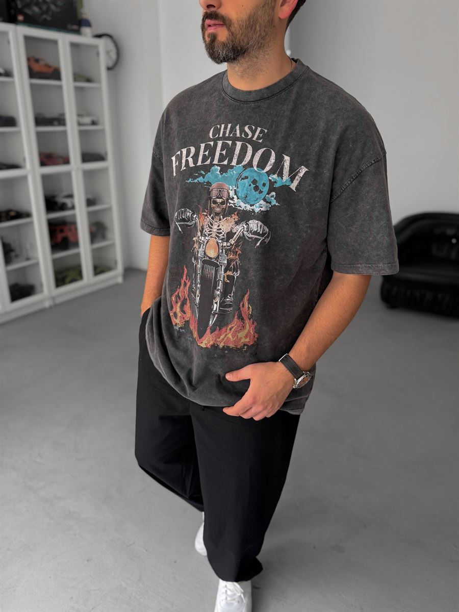 Anthracite Freedom Print Washed Oversize T-Shirt JJ-190