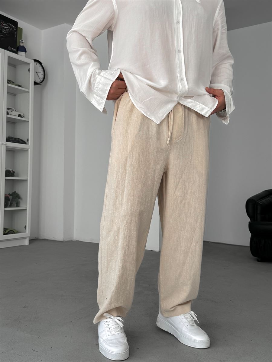 Beige Linen Textured Baggy Pants JJ-117