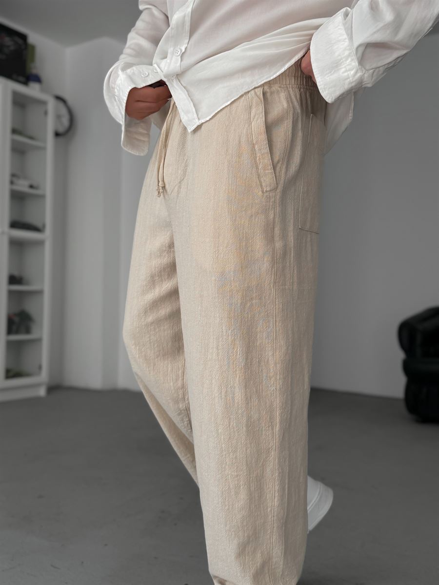 Beige Linen Textured Baggy Pants JJ-117
