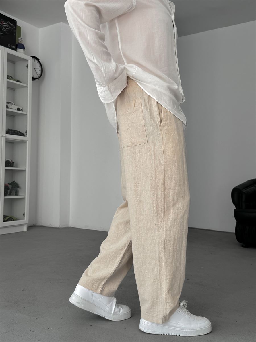 Beige Linen Textured Baggy Pants JJ-117