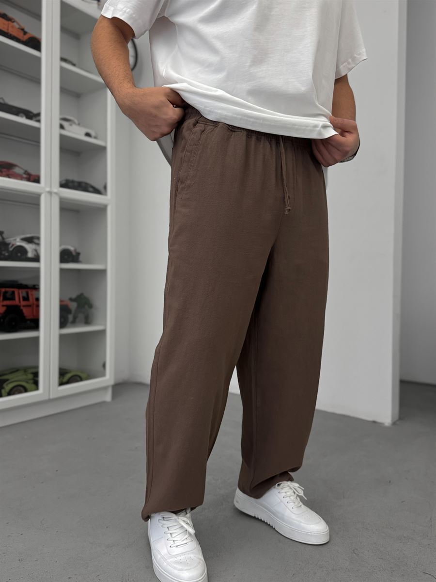 Coffee Brown Linen Textured Baggy Pants JJ-117