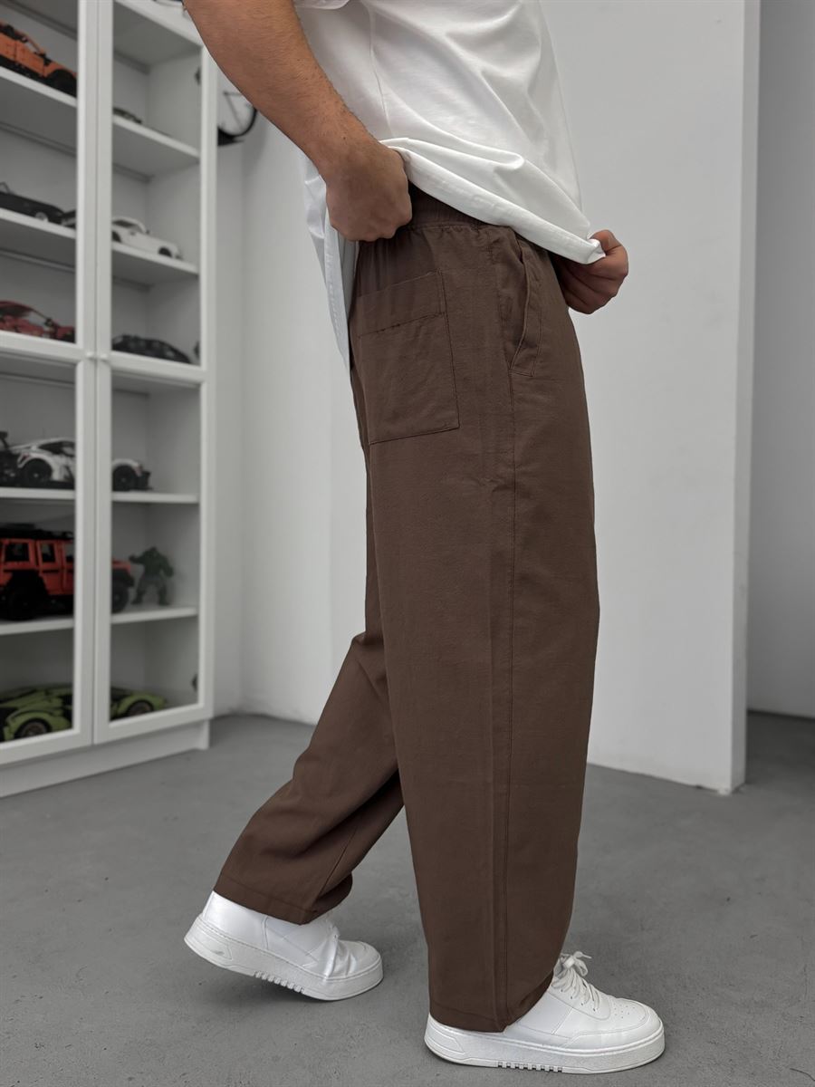 Coffee Brown Linen Textured Baggy Pants JJ-117