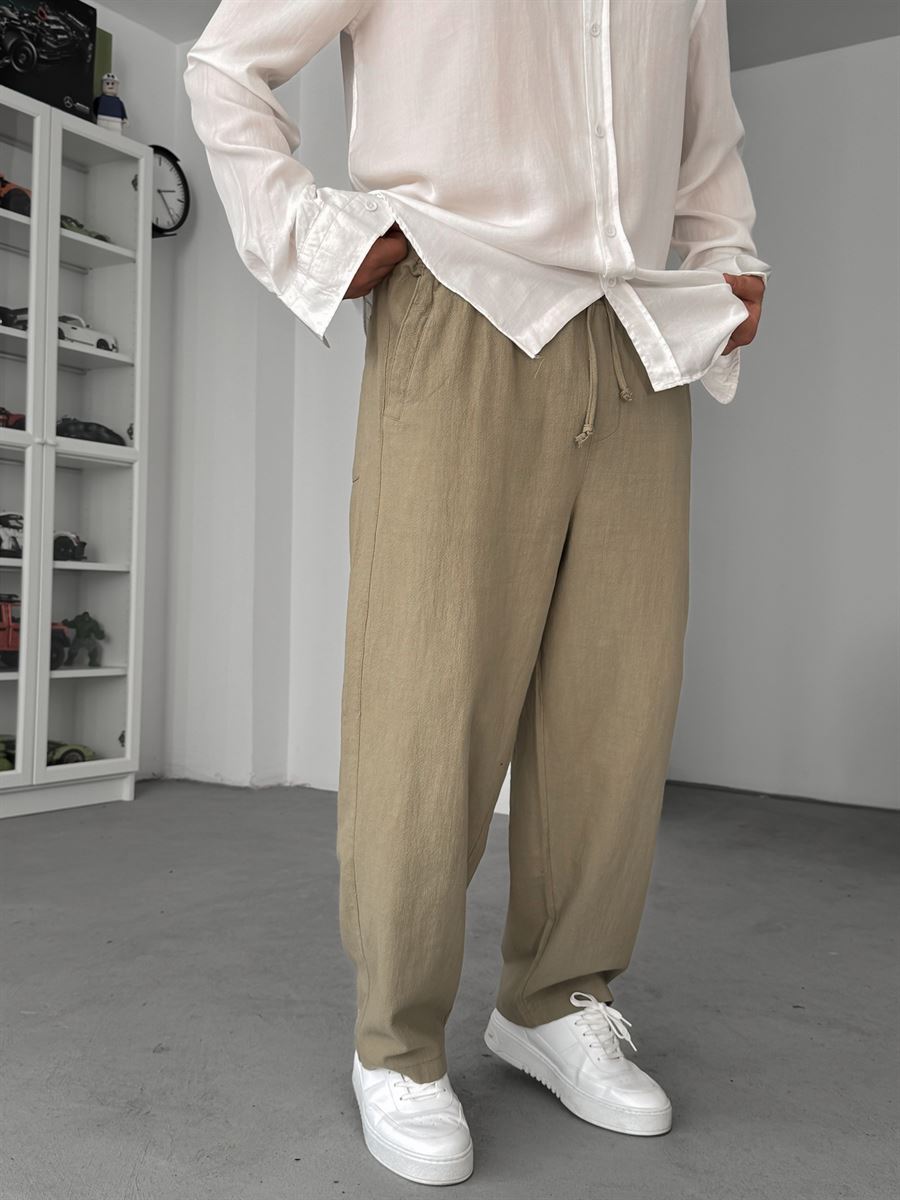 Light Khaki Linen Textured Baggy Pants JJ-117