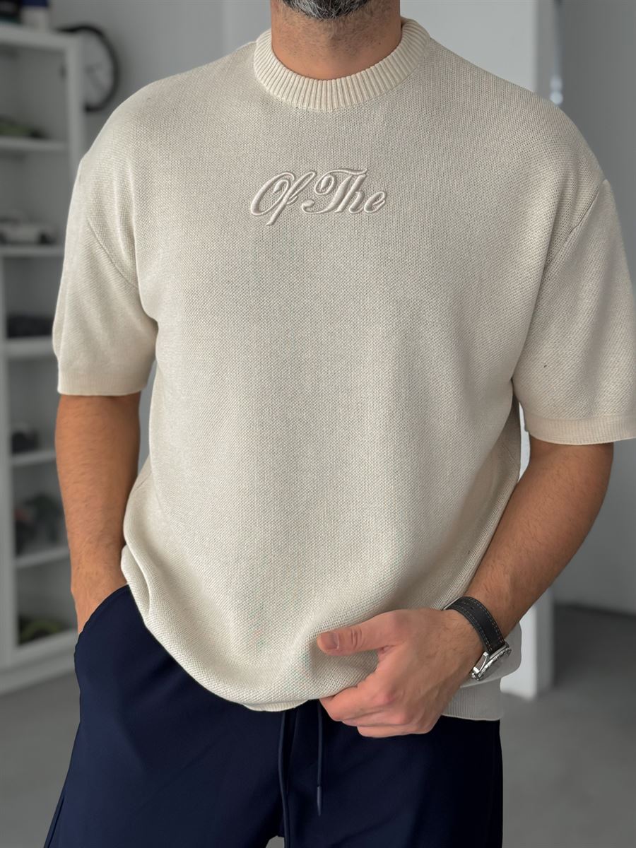 Beige Embroidered Ribbed Knit T-Shirt TW-3341