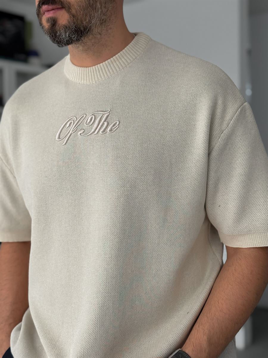 Beige Embroidered Ribbed Knit T-Shirt TW-3341