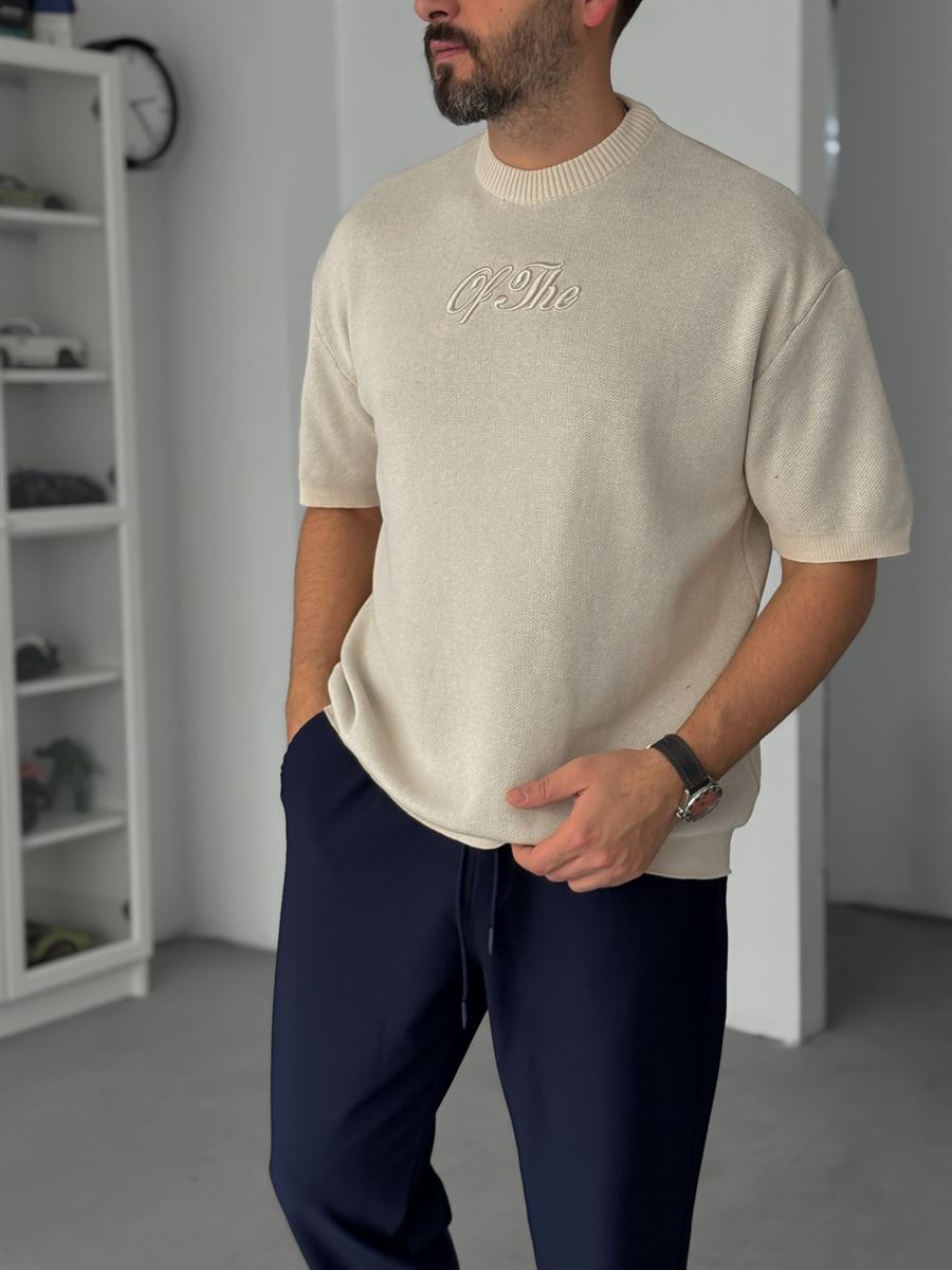 Beige Embroidered Ribbed Knit T-Shirt TW-3341