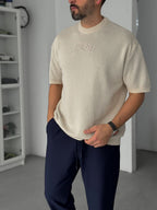Beige Embroidered Ribbed Knit T-Shirt TW-3341