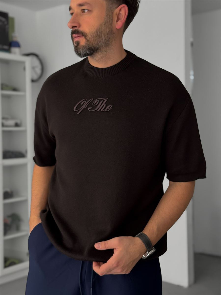 Coffee Embroidered Ribbed Knit T-Shirt TW-3341