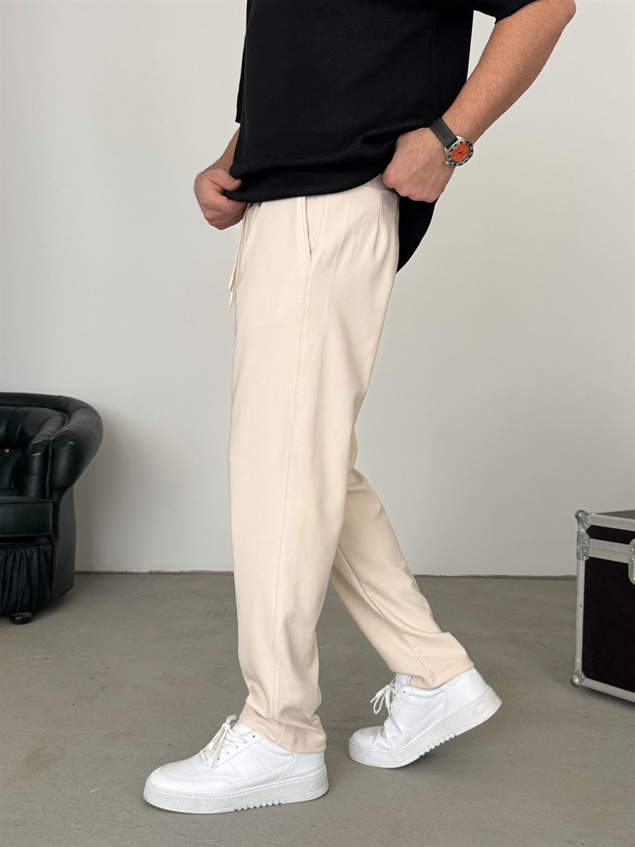 Beige Straight Fit Textured Trousers TW-1011