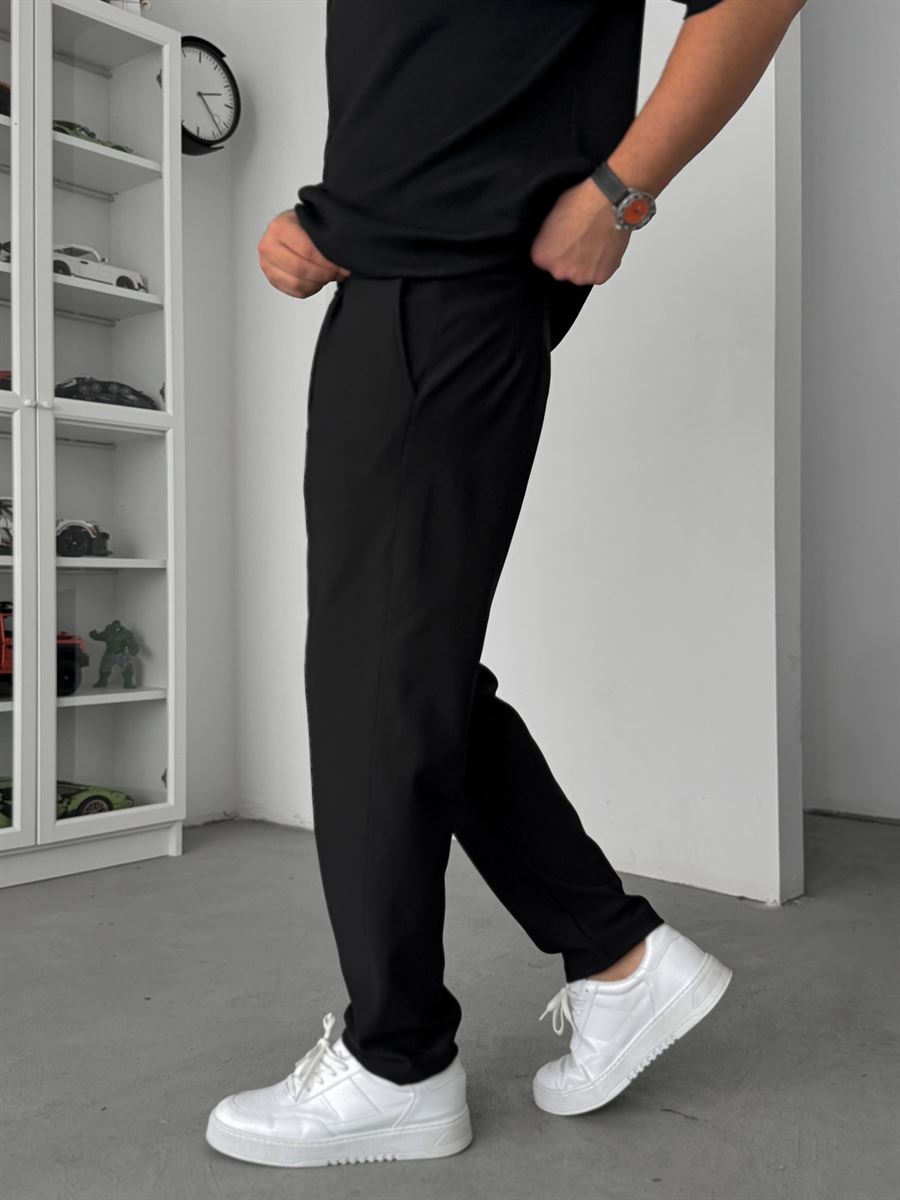 Black Straight Fit Textured Trousers TW-1011