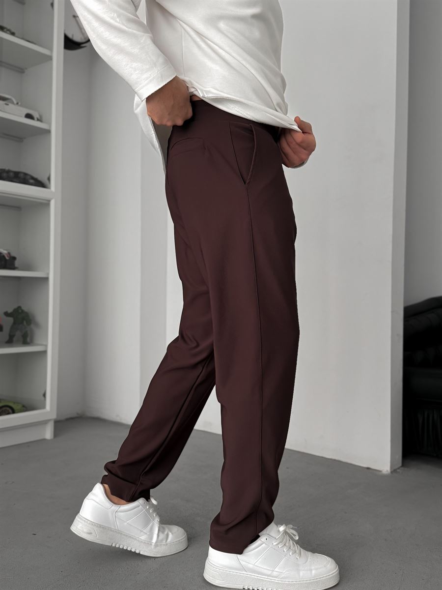 Coffee Straight Fit Textured Trousers TW-1011