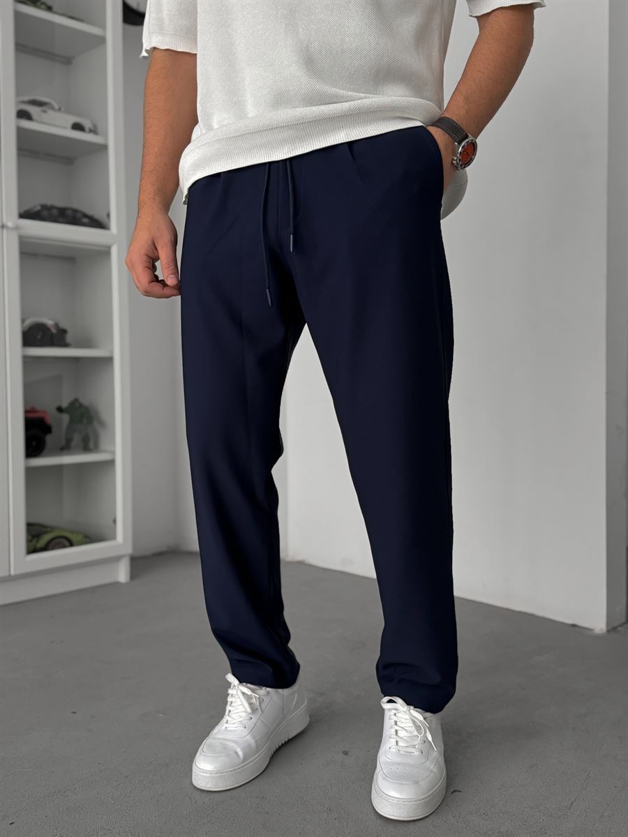 Navy Straight Fit Textured Trousers TW-1011