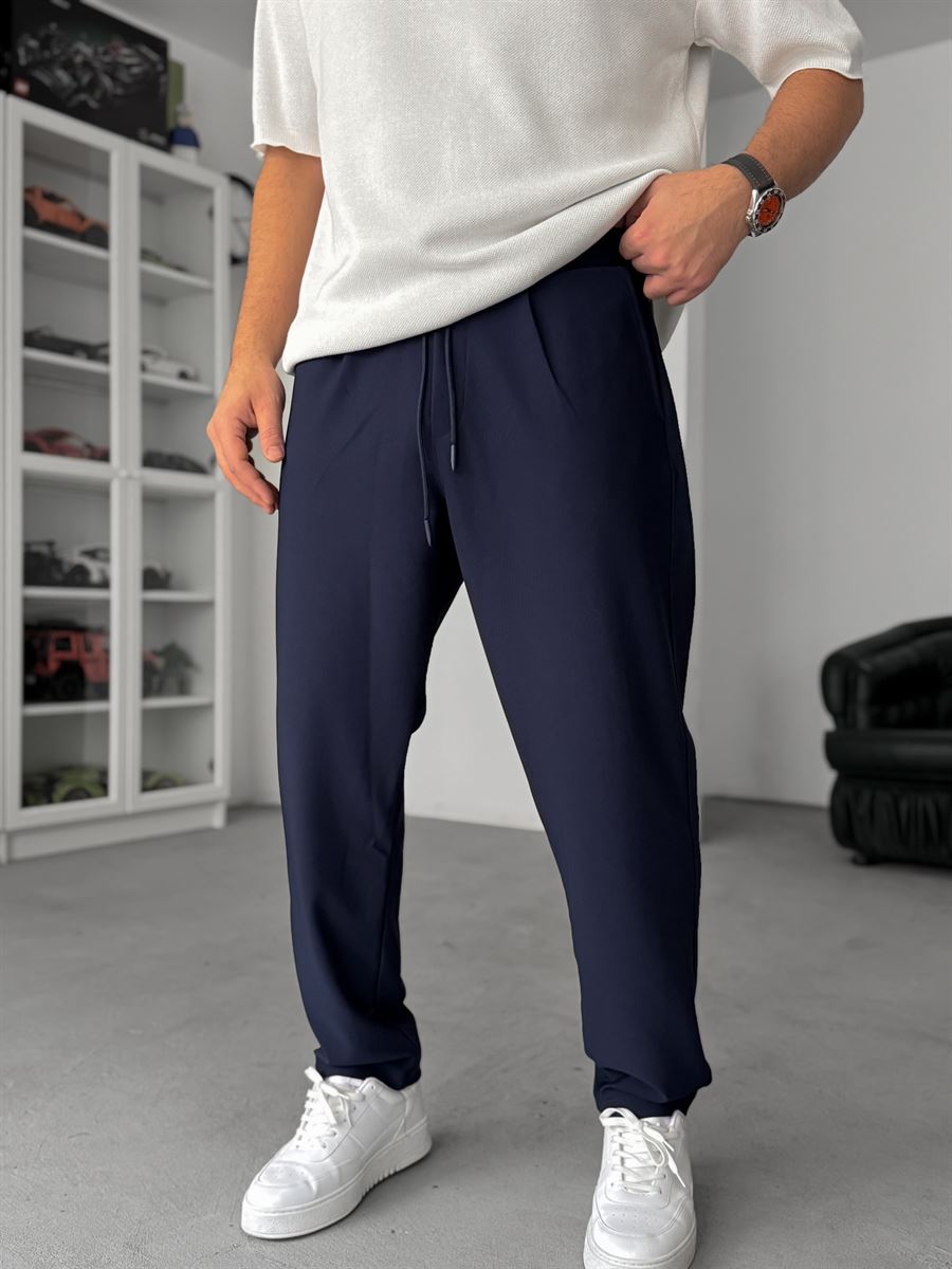 Navy Straight Fit Textured Trousers TW-1011