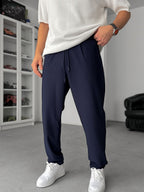 Navy Straight Fit Textured Trousers TW-1011