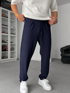 Navy Straight Fit Textured Trousers TW-1011