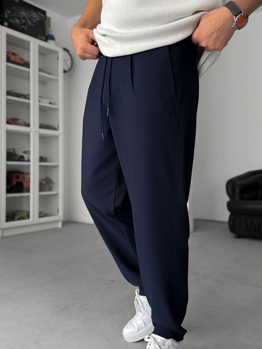 Navy Straight Fit Textured Trousers TW-1011