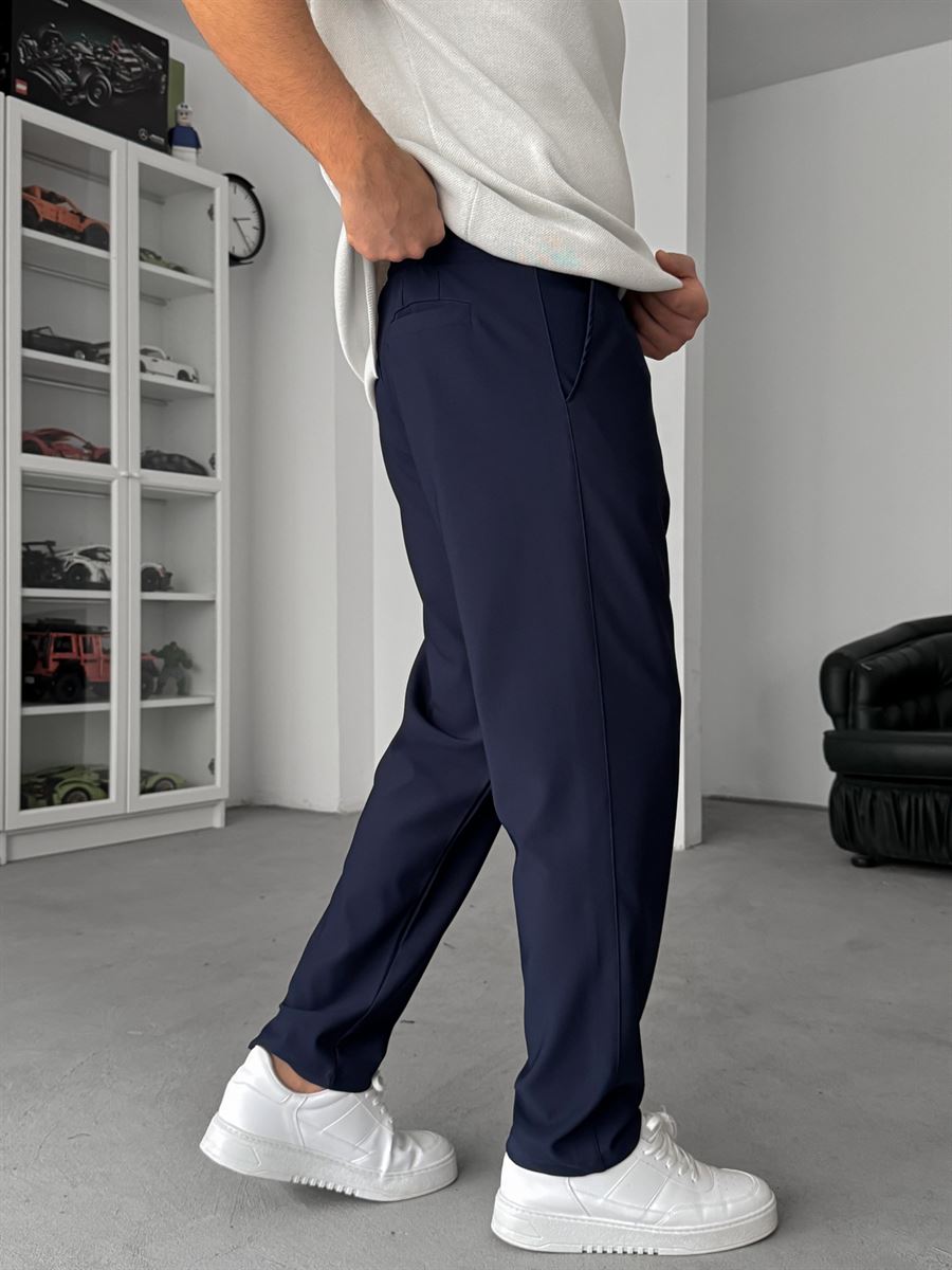 Navy Straight Fit Textured Trousers TW-1011