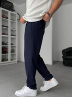 Navy Straight Fit Textured Trousers TW-1011