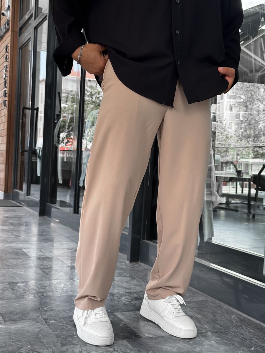 Beige Waffle Fabric Lycra Baggy Pants JJ-247