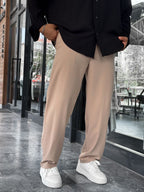 Beige Waffle Fabric Lycra Baggy Pants JJ-247