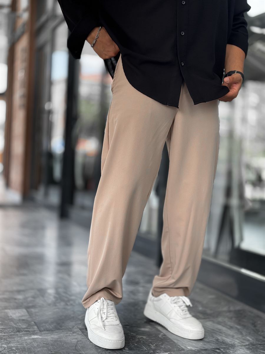 Beige Waffle Fabric Lycra Baggy Pants JJ-247