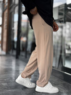 Beige Waffle Fabric Lycra Baggy Pants JJ-247