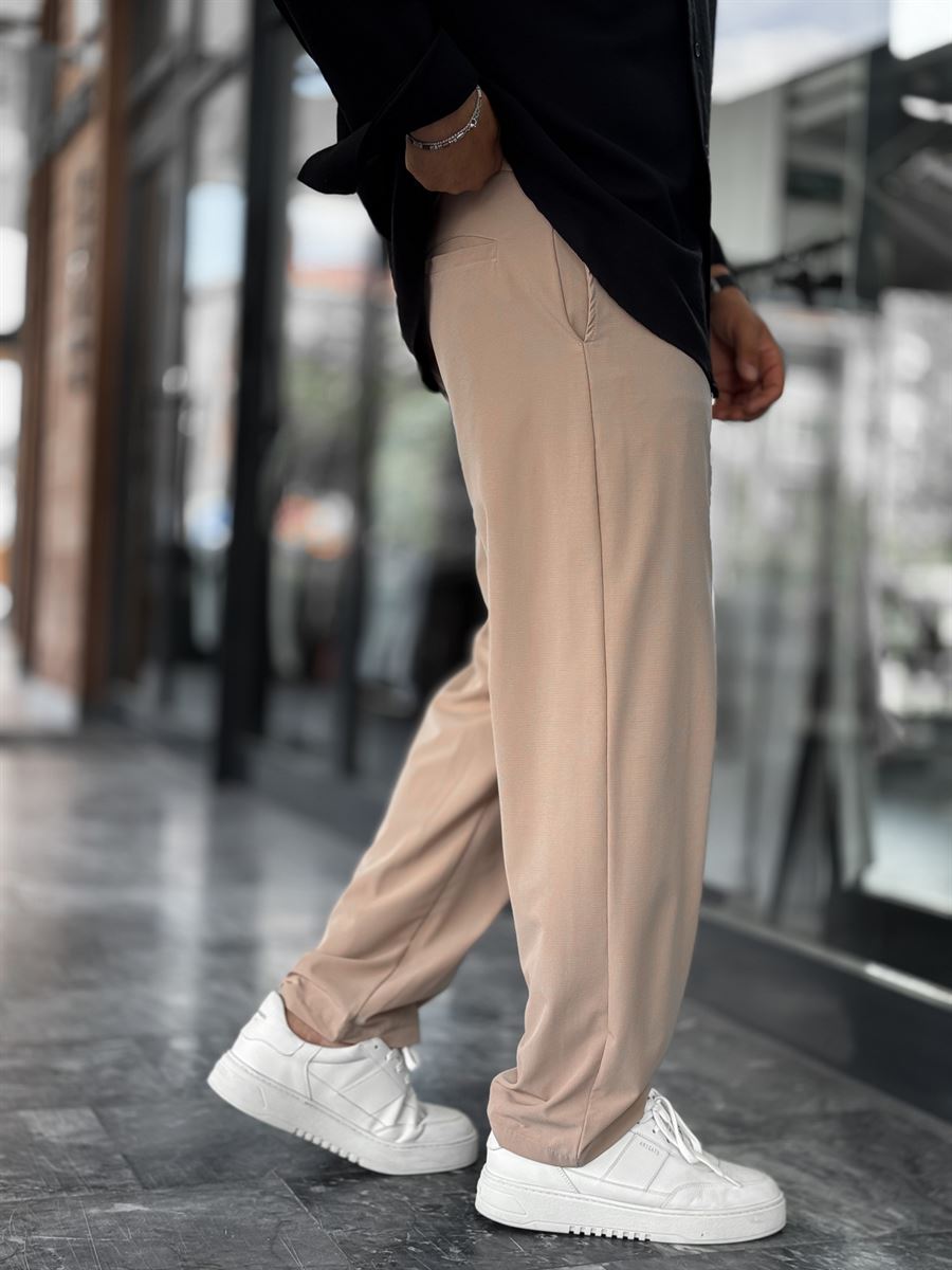 Beige Waffle Fabric Lycra Baggy Pants JJ-247