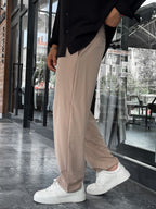 Beige Waffle Fabric Lycra Baggy Pants JJ-247
