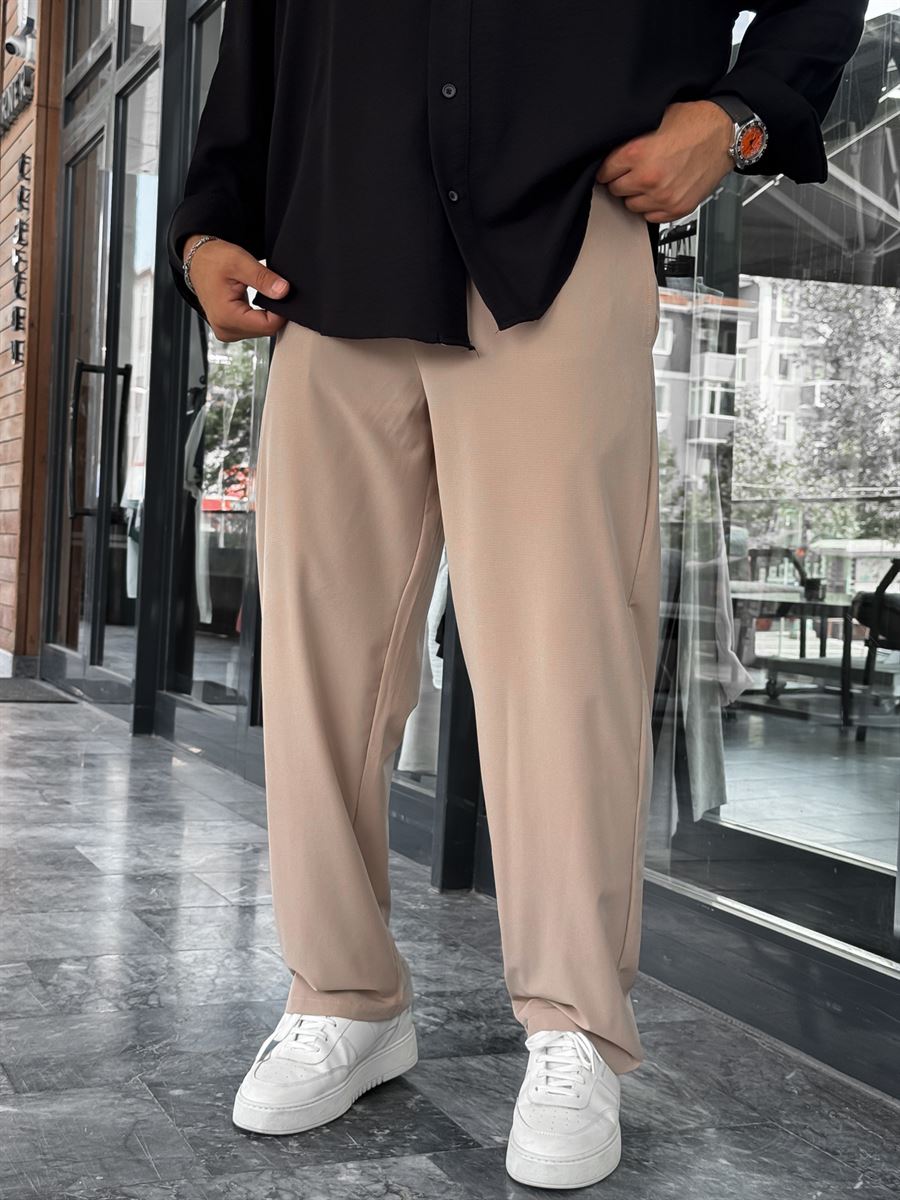 Beige Waffle Fabric Lycra Baggy Pants JJ-247