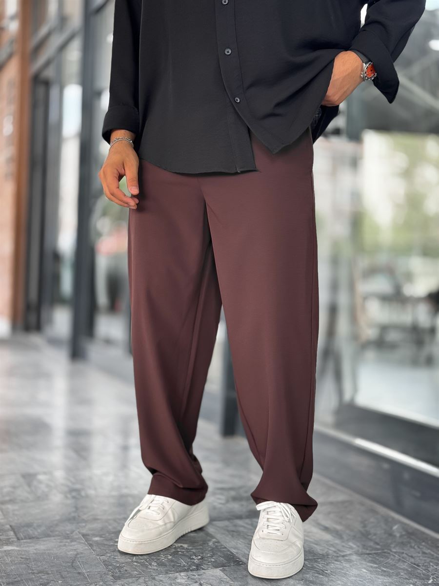 Coffee Brown Waffle Fabric Lycra Baggy Pants JJ-247